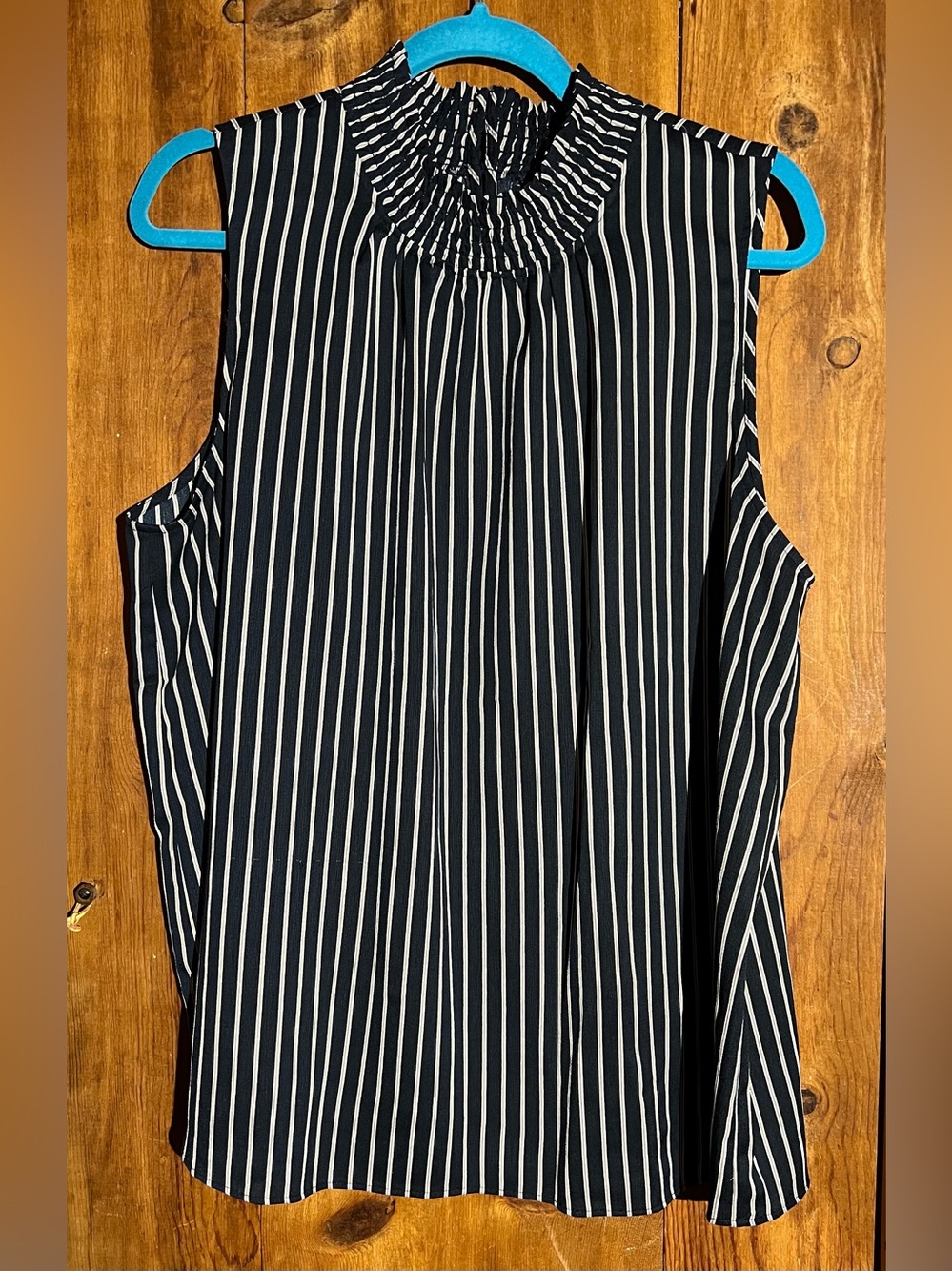 Ann Taylor Sleeveless Navy, with Brownish & White Vertical-Stripe print.